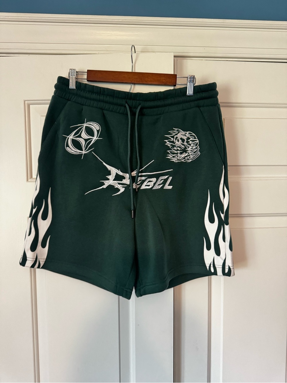 Dark Green Graphic Men’s Shorts with White Flame Details
